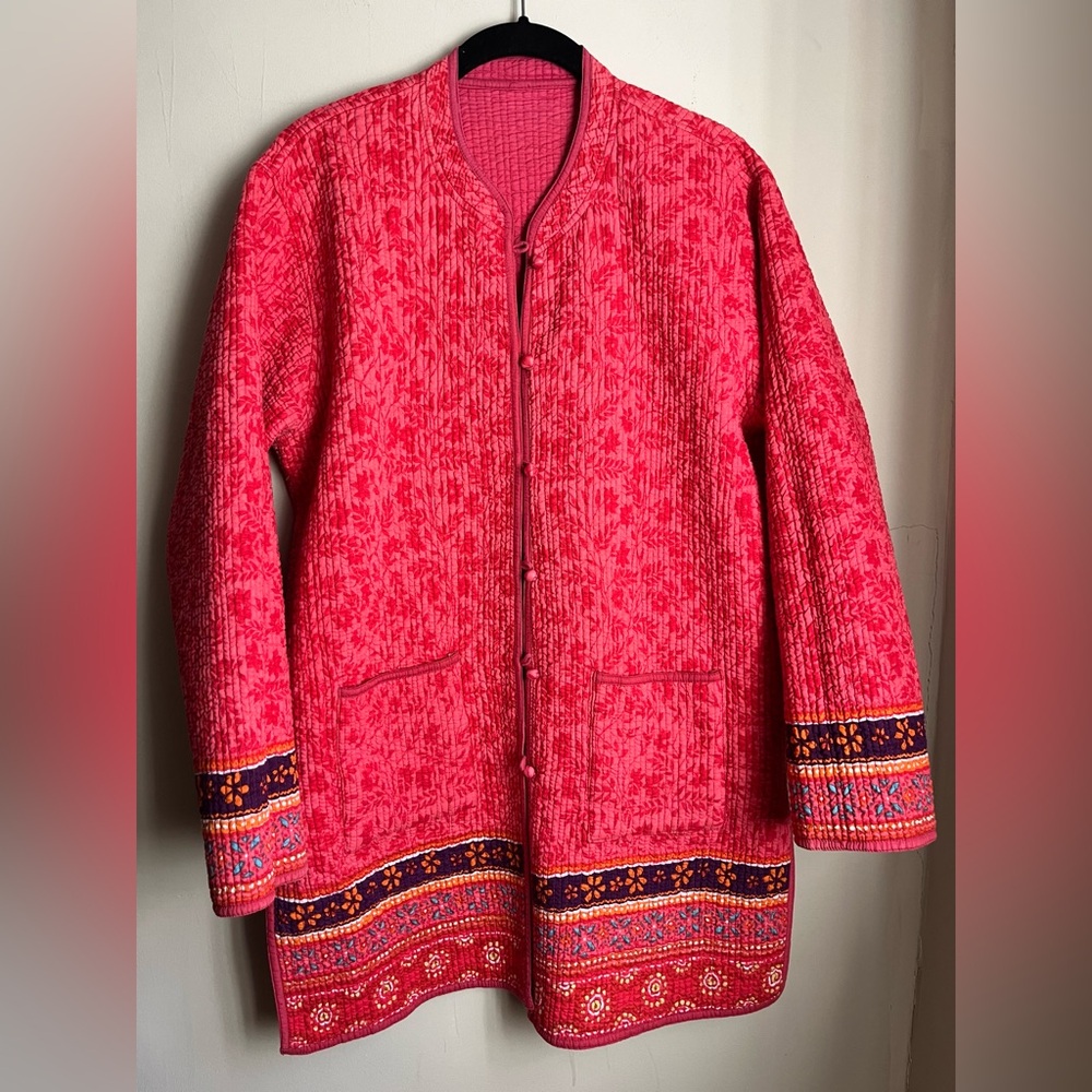 pink reversible block print floral cotton quilt coat